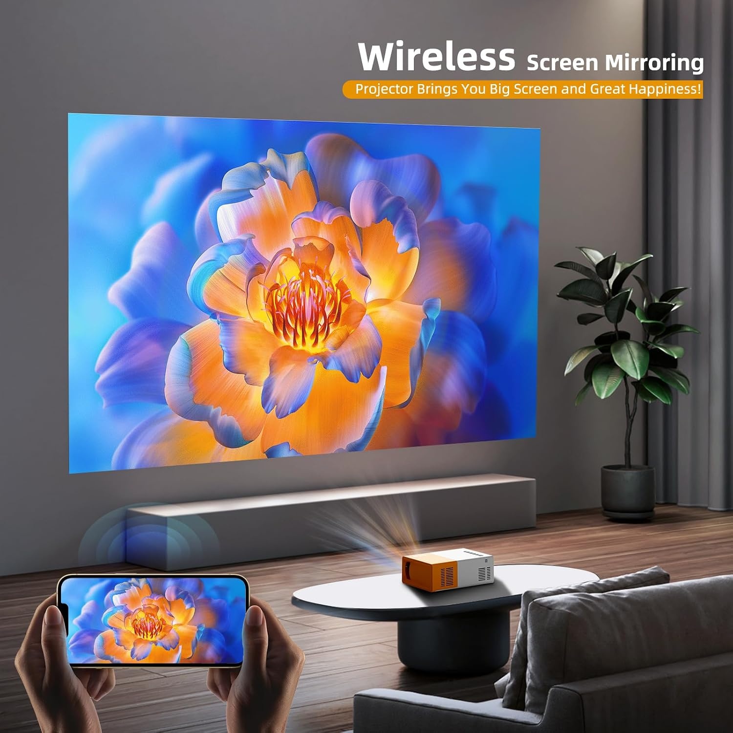 PVO Projector WiFi draagbare filmprojector 1080P, telefoonscherm kan worden gespiegeld op videoprojector via wifi of via datakabel, compatibel met smartphone/tablet/laptop/tv-stick/PS/Type-C/USB-drive