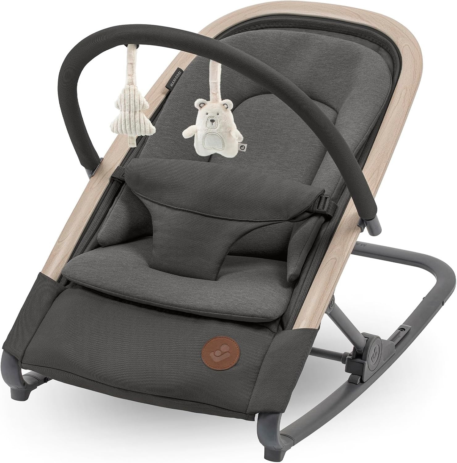 Maxi-Cosi Kori 2-in-1 Baby wipstoel met Speelgoedboog, 0-2 jaar, tot 15 kg, Baby Bouncer, 3 Ligstanden met één Hand, Easy-in Harnas, Lichtgewicht en Compact, 2 Speeltjes, Eco Care, Beyond Graphite