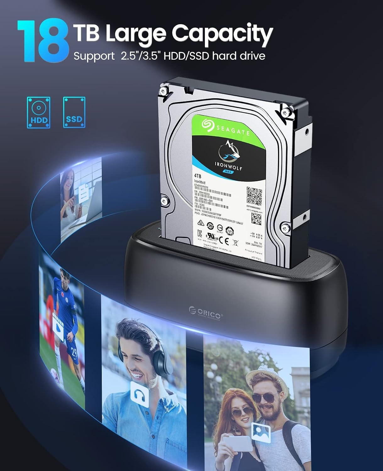 ORICO 3,5 inch harde schijf docking station USB 3.0 harde schijf behuizing voor SATA 2.5" en 3.5" HDD SSD, harde schijf lezer ondersteunt UASP en 20TB schijven (DD18U3)