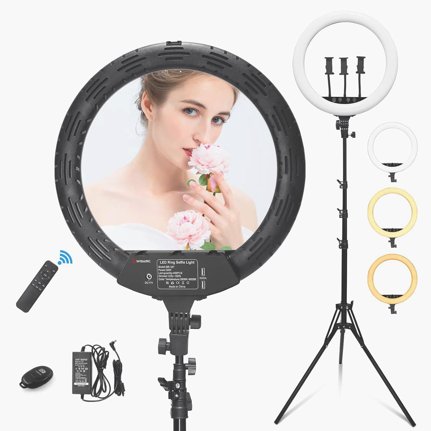 Wisamic Ringlicht 18 Zoll mit Stativ LED Ringleuchte: Berührung und Fernbedienung 6000K Dimmbar Foto Ring Licht Lampe für Selfie Video Kamera Fotografie Kosmetik Tik Tok YouTube Vlog Beleuchtung