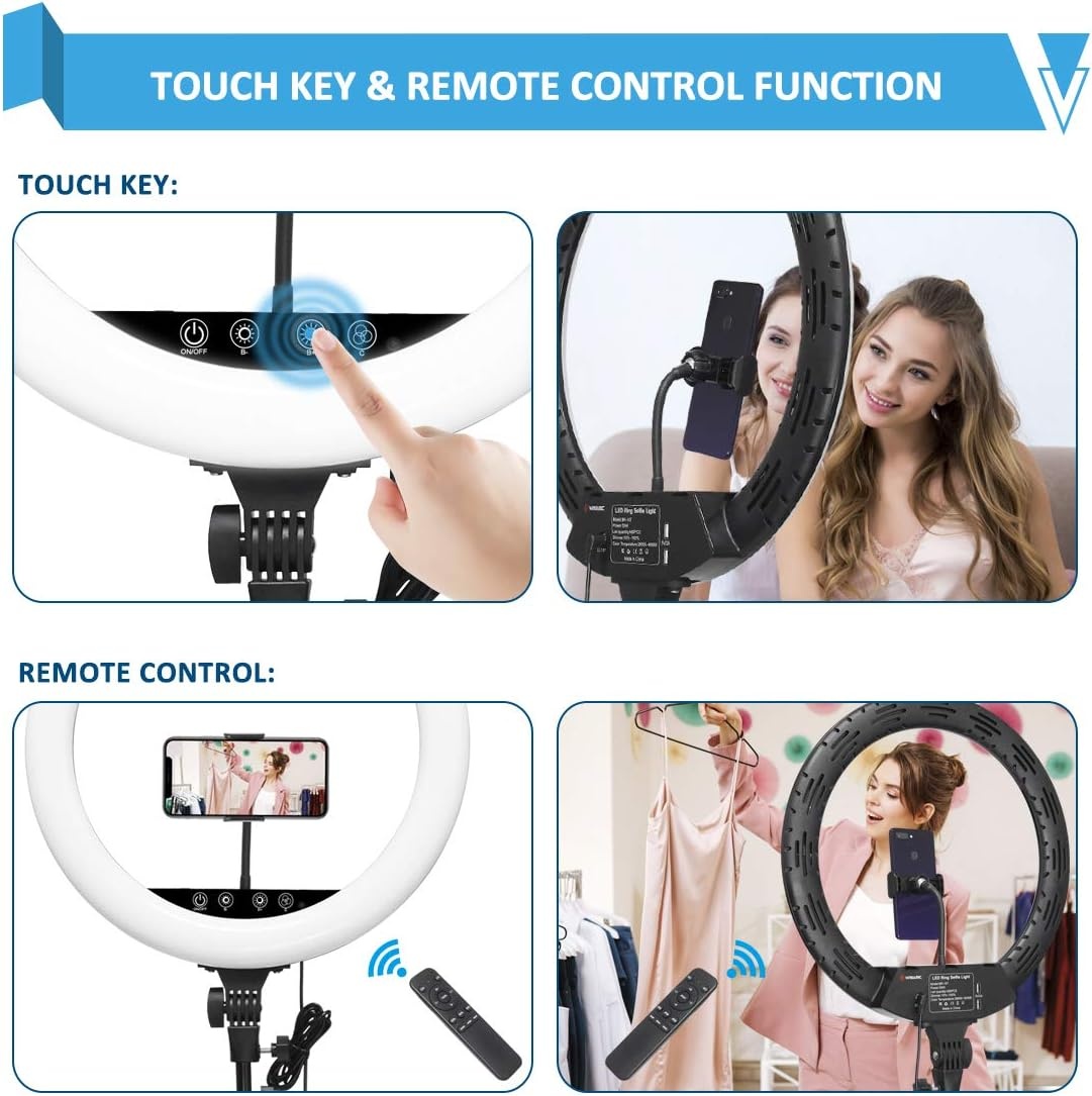 Wisamic Ringlicht 18 Zoll mit Stativ LED Ringleuchte: Berührung und Fernbedienung 6000K Dimmbar Foto Ring Licht Lampe für Selfie Video Kamera Fotografie Kosmetik Tik Tok YouTube Vlog Beleuchtung