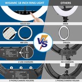 Wisamic Ringlicht 18 Zoll mit Stativ LED Ringleuchte: Berührung und Fernbedienung 6000K Dimmbar Foto Ring Licht Lampe für Selfie Video Kamera Fotografie Kosmetik Tik Tok YouTube Vlog Beleuchtung
