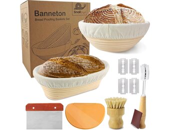 Banneton Banneton broodmandje voor zuurdesembroodbakken: 23 cm ronde & 25 cm ovale rotan mand met inleg + broodschraper + borstel + bakgeschenken voor professionele en thuisbakkers