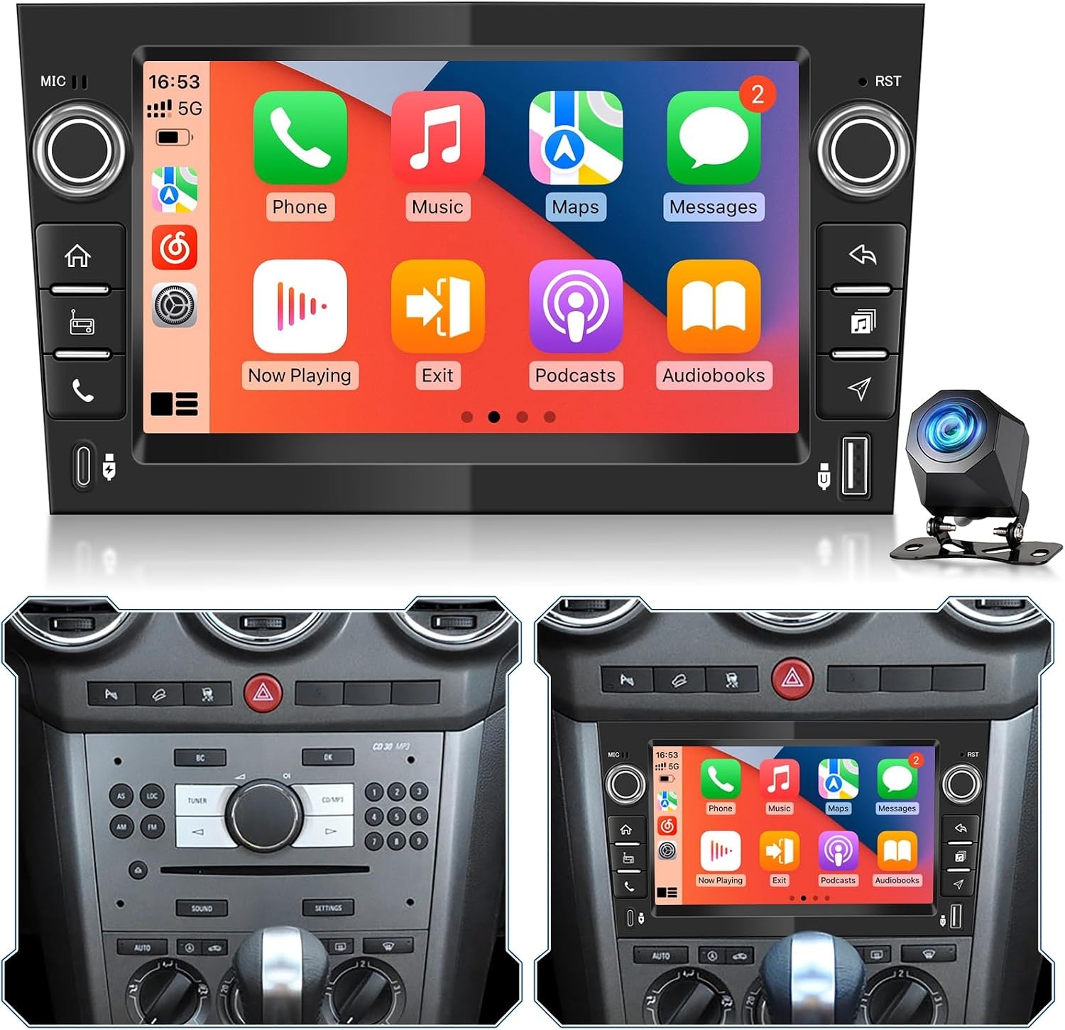 4+128GB Android Car Radio for Opel Corsa Astra Zafira Vivaro, Wireless CarPlay Android Car, IPS Touchscreen, GPS WiFi USB Bluetooth, Plug & Play Radio + Rear View Camera