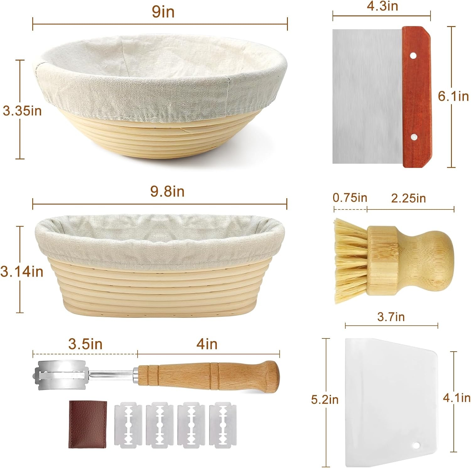 Banneton Banneton broodmandje voor zuurdesembroodbakken: 23 cm ronde & 25 cm ovale rotan mand met inleg + broodschraper + borstel + bakgeschenken voor professionele en thuisbakkers
