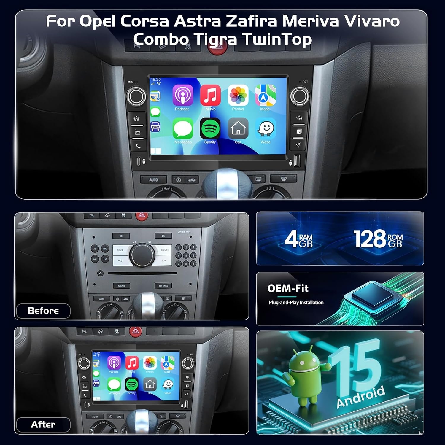 4+128GB Android Car Radio for Opel Corsa Astra Zafira Vivaro, Wireless CarPlay Android Car, IPS Touchscreen, GPS WiFi USB Bluetooth, Plug & Play Radio + Rear View Camera