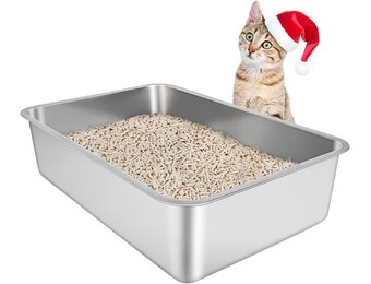 IKITCHEN Roestvrijstalen kattenbak, grote metalen kattenbak voor katten en konijnen, absorbeert nooit geuren, vlekvrij, roestvrij, plakt niet glad oppervlak, antislip rubberen bodem, 40 cm L x 33 cm B