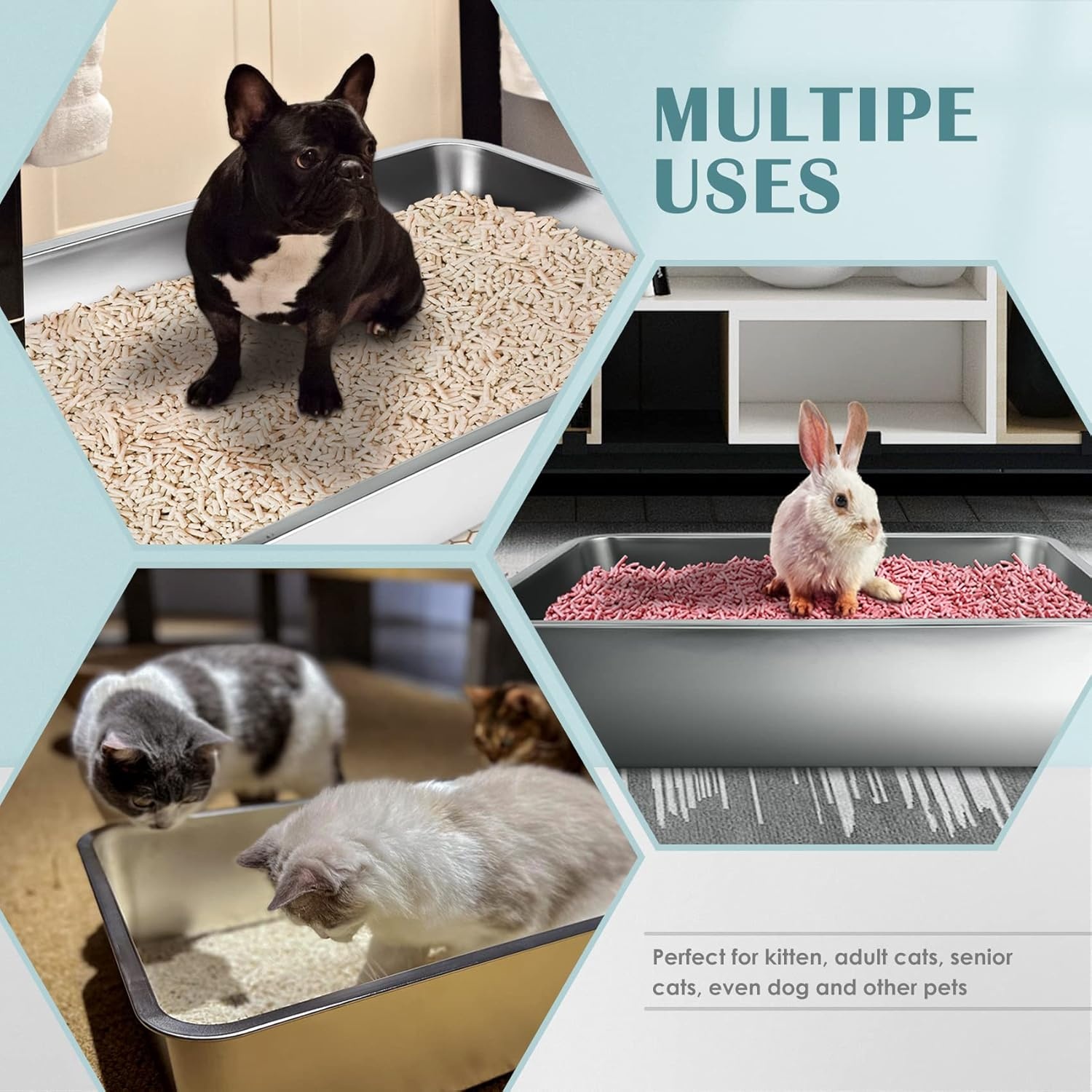 IKITCHEN Roestvrijstalen kattenbak, grote metalen kattenbak voor katten en konijnen, absorbeert nooit geuren, vlekvrij, roestvrij, plakt niet glad oppervlak, antislip rubberen bodem, 40 cm L x 33 cm B
