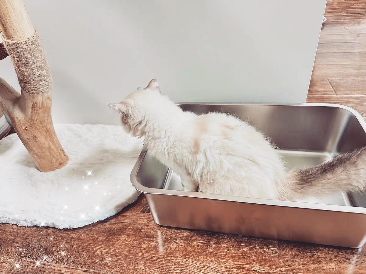 IKITCHEN Roestvrijstalen kattenbak, grote metalen kattenbak voor katten en konijnen, absorbeert nooit geuren, vlekvrij, roestvrij, plakt niet glad oppervlak, antislip rubberen bodem, 40 cm L x 33 cm B