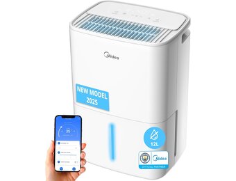 MIDEA Stille luchtontvochtiger voor vocht, 12 l, met app-bediening, tot 35 m², luchtontvochtiger voor de kamer, met afneembare tank, klein, energiebesparend