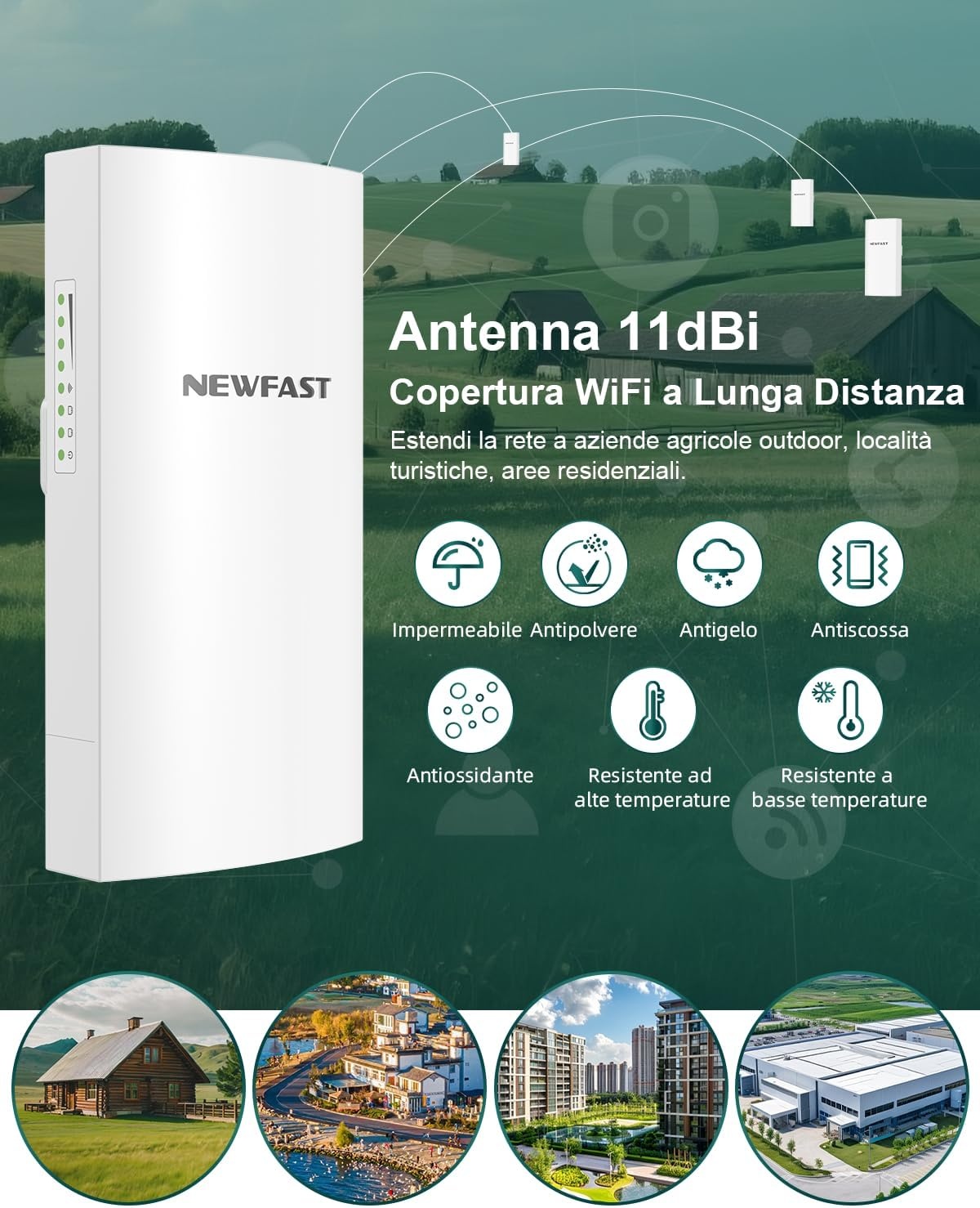 NEWFAST Externe access point, 3 km, externe WLAN-brug, 5,8 GHz, 300 Mbps, Wireless Bridge met 11 dBi antenne, LAN-aansluiting, PTP/PTMP-verbinding (2 stuks)