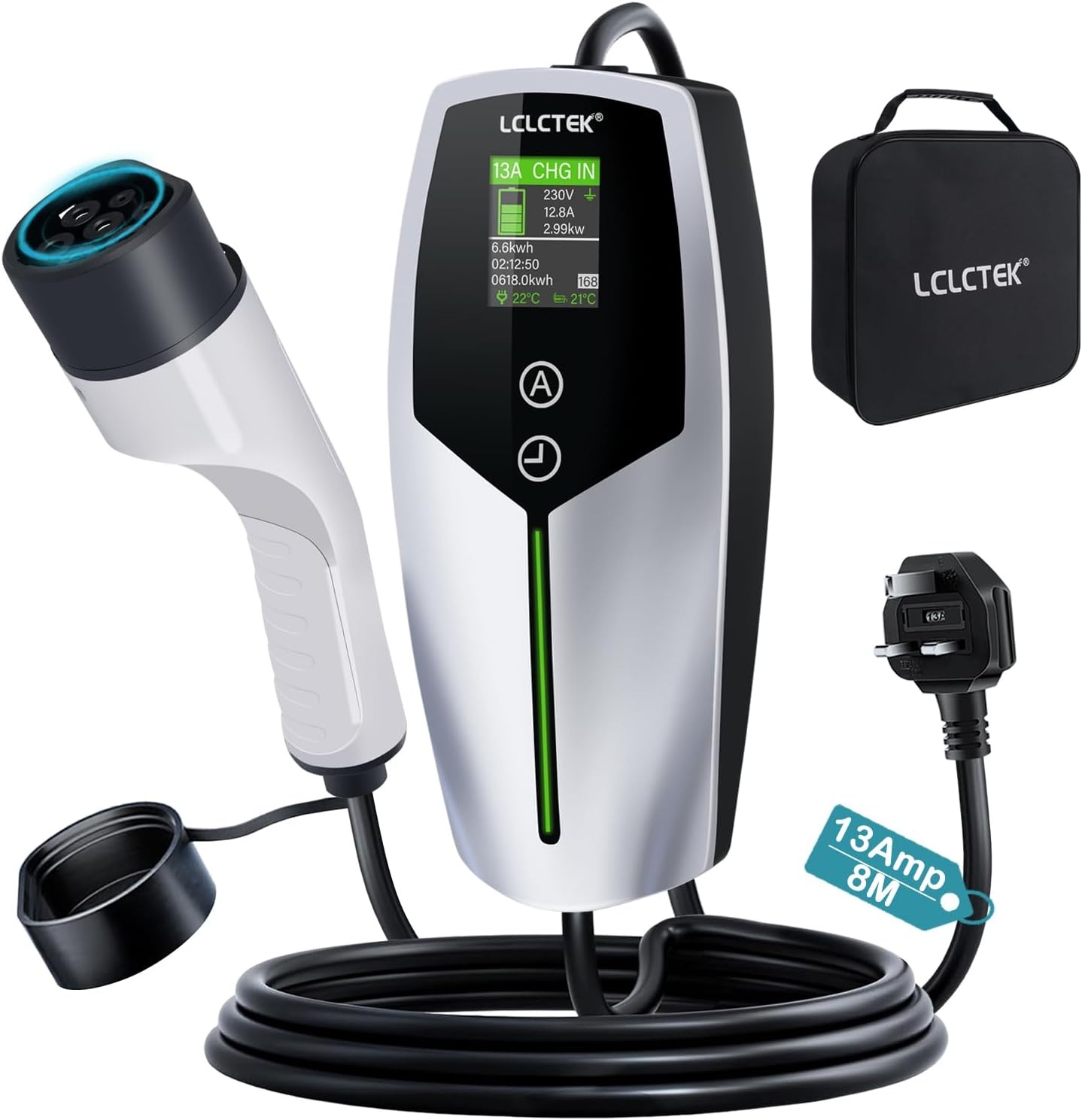 3KW EV Charger Cable Type 2 to 3 Pin Plug 8-meter,Portable UK 3 Pin EV Charger,Electric Car Charger [6/8/10/13A],EV Car Charger with LED Display,IP65 Waterproof,Type 2 Cable EVs and PHEV
