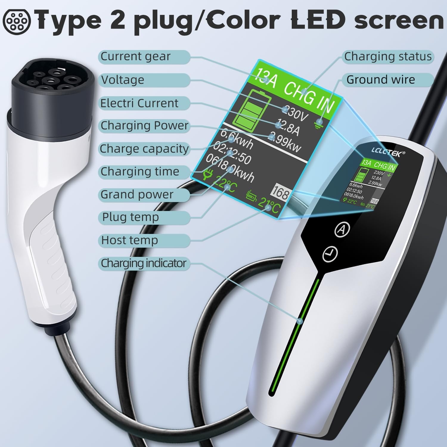 3KW EV Charger Cable Type 2 to 3 Pin Plug 8-meter,Portable UK 3 Pin EV Charger,Electric Car Charger [6/8/10/13A],EV Car Charger with LED Display,IP65 Waterproof,Type 2 Cable EVs and PHEV