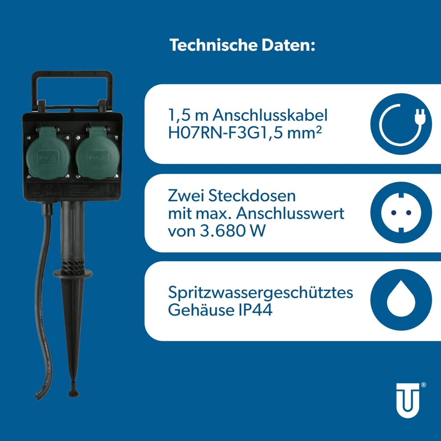 UNITEC 44202 grondpen met dubbel stopcontact, 1,5 m voedingskabel