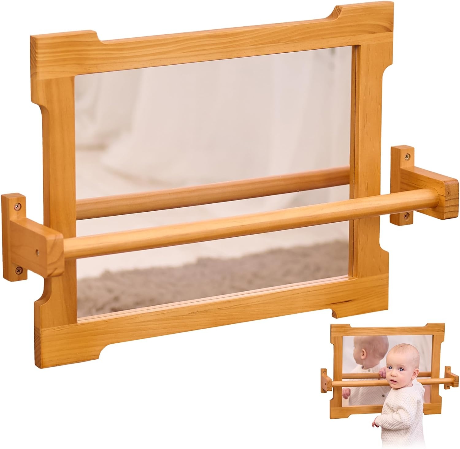 Montessori Wandspiegel met Houten Stang voor Peuters: Leren Lopen met 34% Korting!
