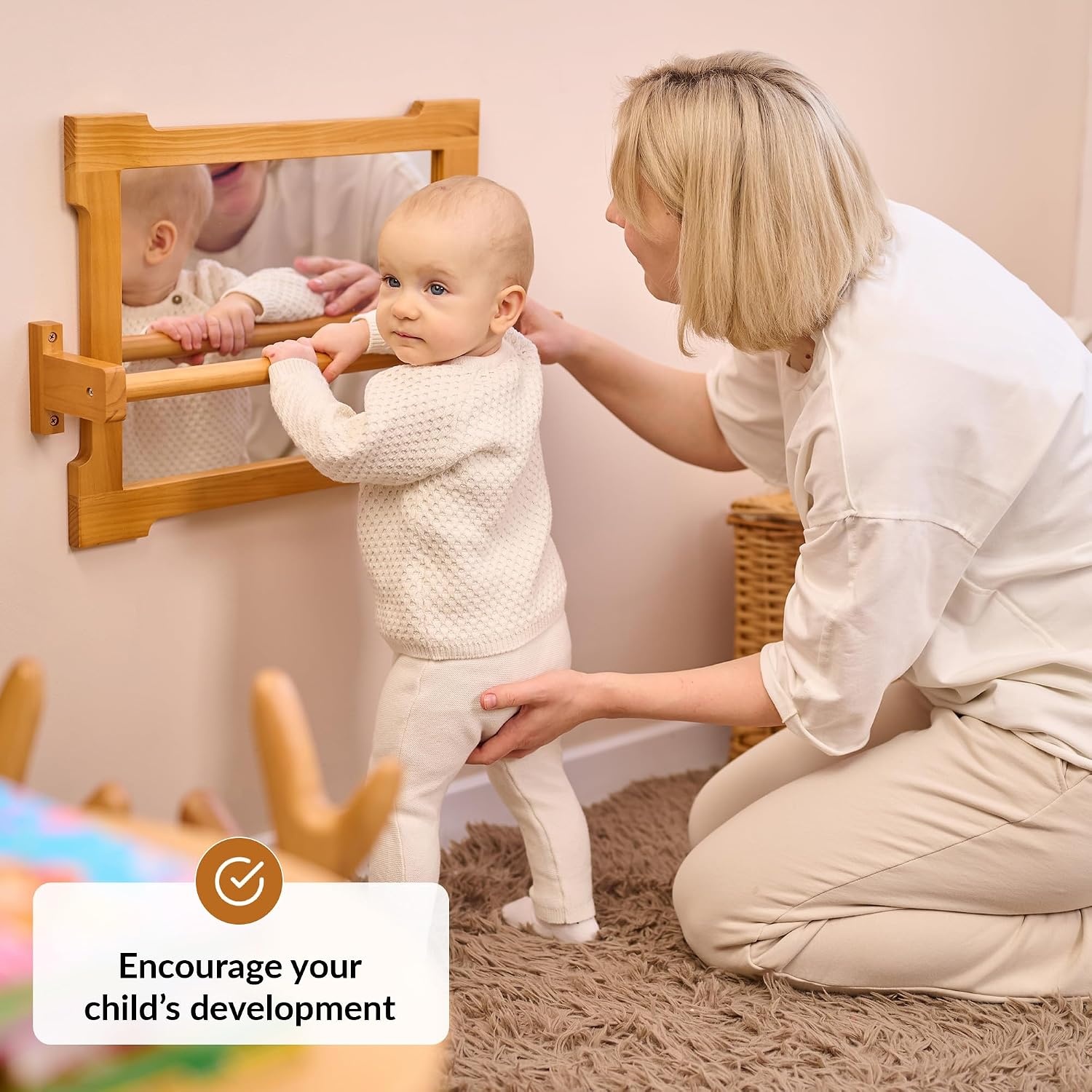 Montessori Wandspiegel met Houten Stang voor Peuters: Leren Lopen met 34% Korting!