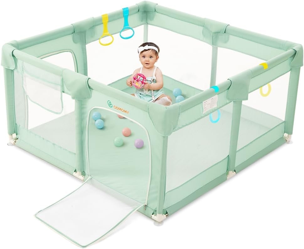 COMOMY Kinderbox voor baby's en peuters, 127x 127 x 66 cm, box voor baby's en 4 trekringen, zacht en ademend net, activiteitencentrum voor kinderen, Groen