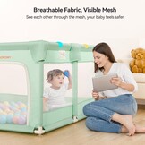 COMOMY Kinderbox voor baby's en peuters, 127x 127 x 66 cm, box voor baby's en 4 trekringen, zacht en ademend net, activiteitencentrum voor kinderen, Groen