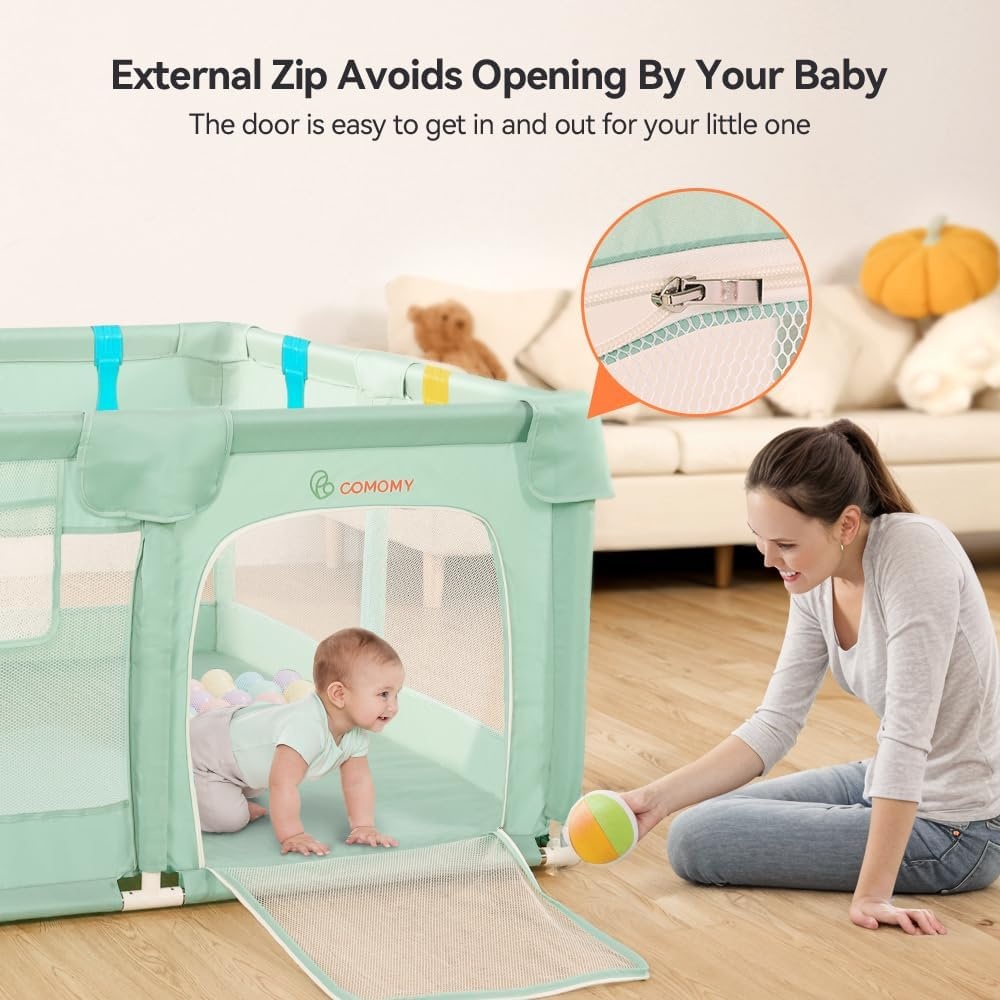 COMOMY Kinderbox voor baby's en peuters, 127x 127 x 66 cm, box voor baby's en 4 trekringen, zacht en ademend net, activiteitencentrum voor kinderen, Groen