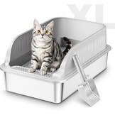 Roestvrijstalen Kattenbak, Grote XXL Kattenbak met Schep, Semi-Gesloten Kattenbakken met Verwijderbare Hoge Rand, Metalen Toilet voor Katten, Geurvrij, Gemakkelijk Schoon te Maken, Lichtgrijs