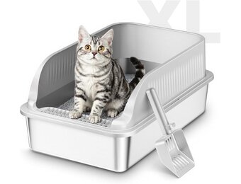 Roestvrijstalen Kattenbak, Grote XXL Kattenbak met Schep, Semi-Gesloten Kattenbakken met Verwijderbare Hoge Rand, Metalen Toilet voor Katten, Geurvrij, Gemakkelijk Schoon te Maken, Lichtgrijs