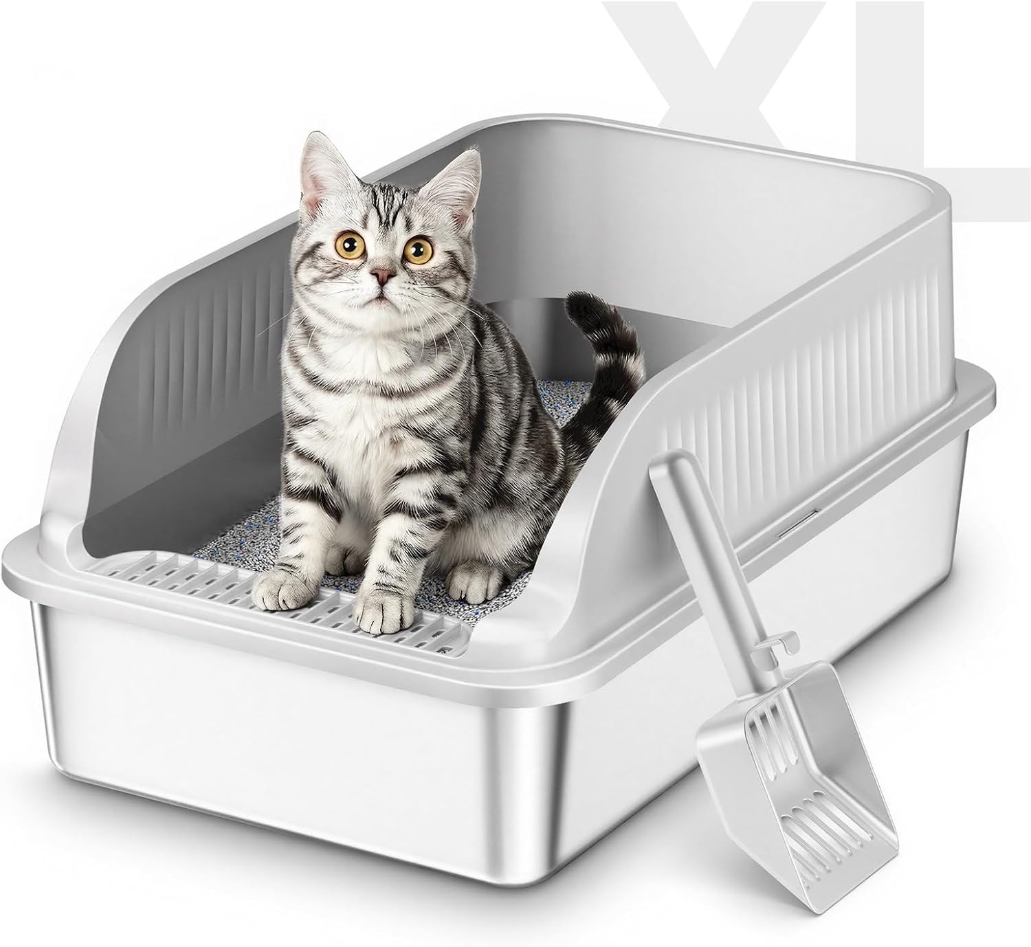 Roestvrijstalen Kattenbak, Grote XXL Kattenbak met Schep, Semi-Gesloten Kattenbakken met Verwijderbare Hoge Rand, Metalen Toilet voor Katten, Geurvrij, Gemakkelijk Schoon te Maken, Lichtgrijs