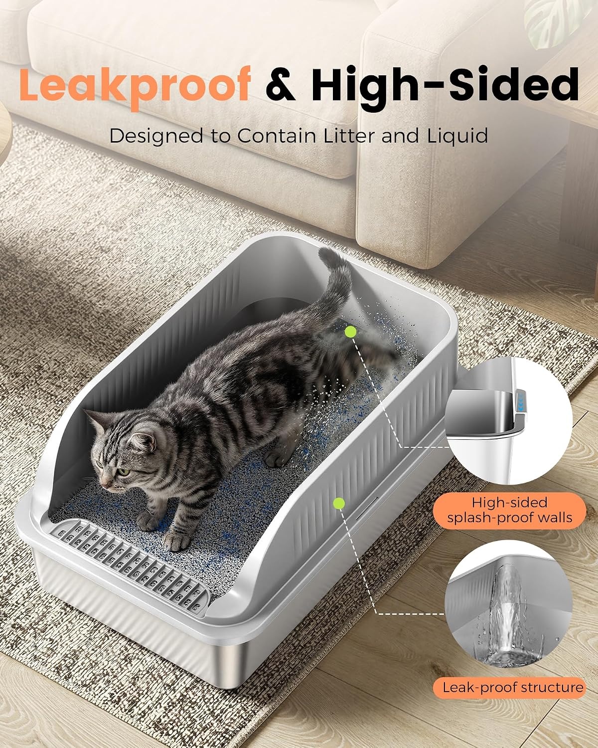 Roestvrijstalen Kattenbak, Grote XXL Kattenbak met Schep, Semi-Gesloten Kattenbakken met Verwijderbare Hoge Rand, Metalen Toilet voor Katten, Geurvrij, Gemakkelijk Schoon te Maken, Lichtgrijs