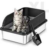 Roestvrijstalen Kattenbak, Grote XXL Kattenbak met Schep, Semi-Gesloten Kattenbakken met Verwijderbare Hoge Rand, Metalen Toilet voor Katten, Geurvrij, Gemakkelijk Schoon te Maken, Lichtgrijs