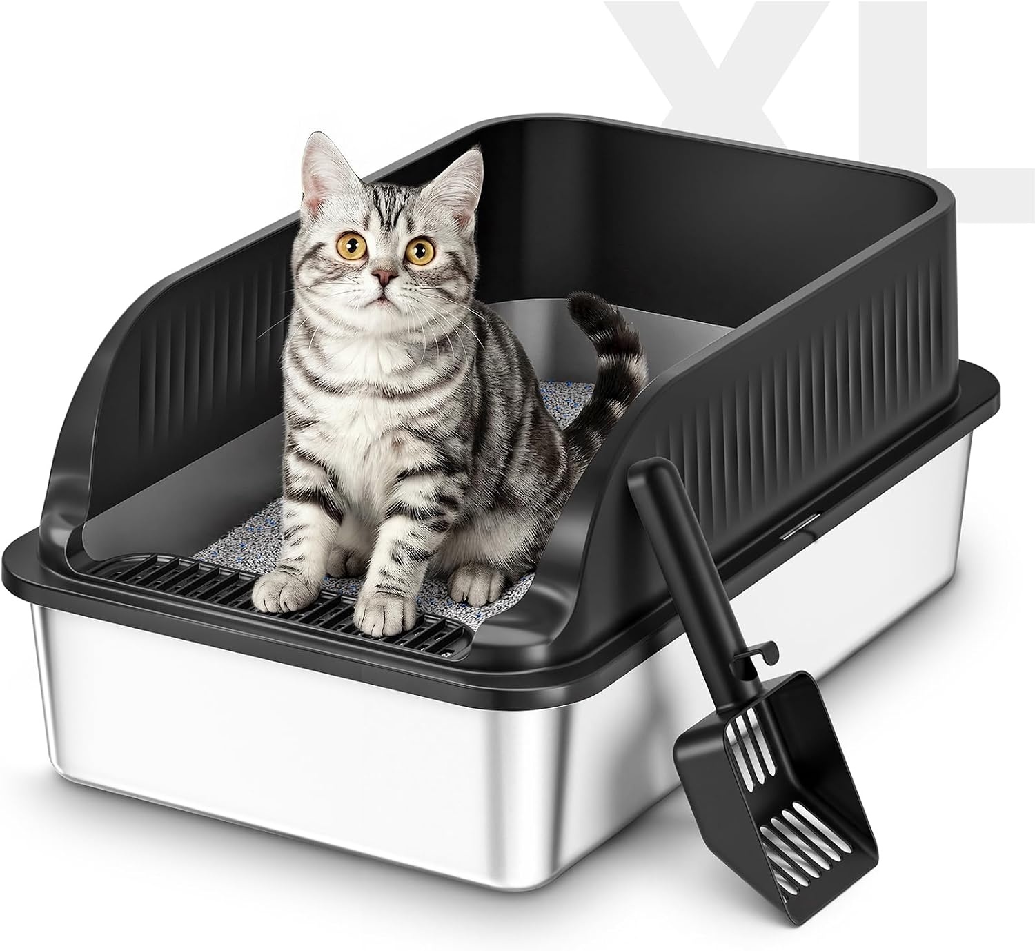 Roestvrijstalen Kattenbak, Grote XXL Kattenbak met Schep, Semi-Gesloten Kattenbakken met Verwijderbare Hoge Rand, Metalen Toilet voor Katten, Geurvrij, Gemakkelijk Schoon te Maken, Lichtgrijs