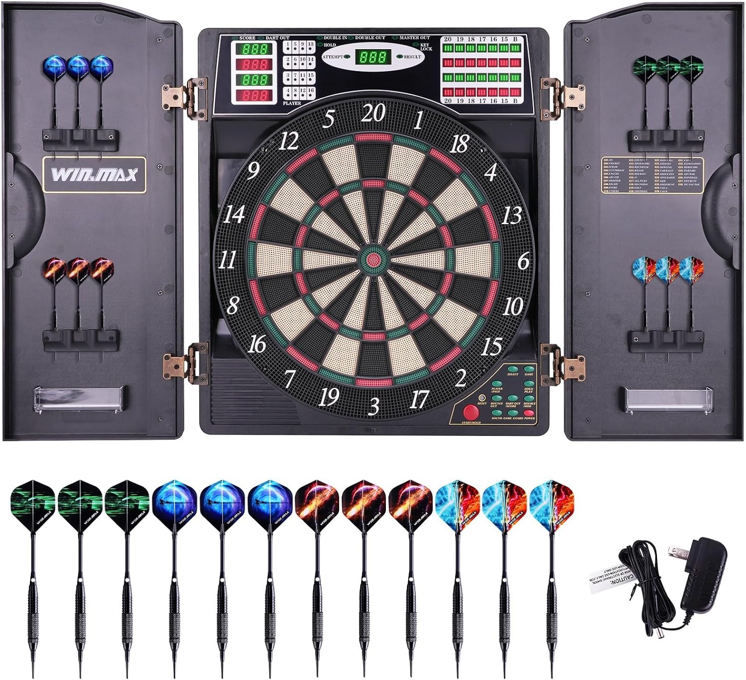 WIN.MAX Elektronisch dartbord, led-dartbord, elektrisch, digitaal dartbord voor volwassenen, met kast met 12 softpunt-dartbordset