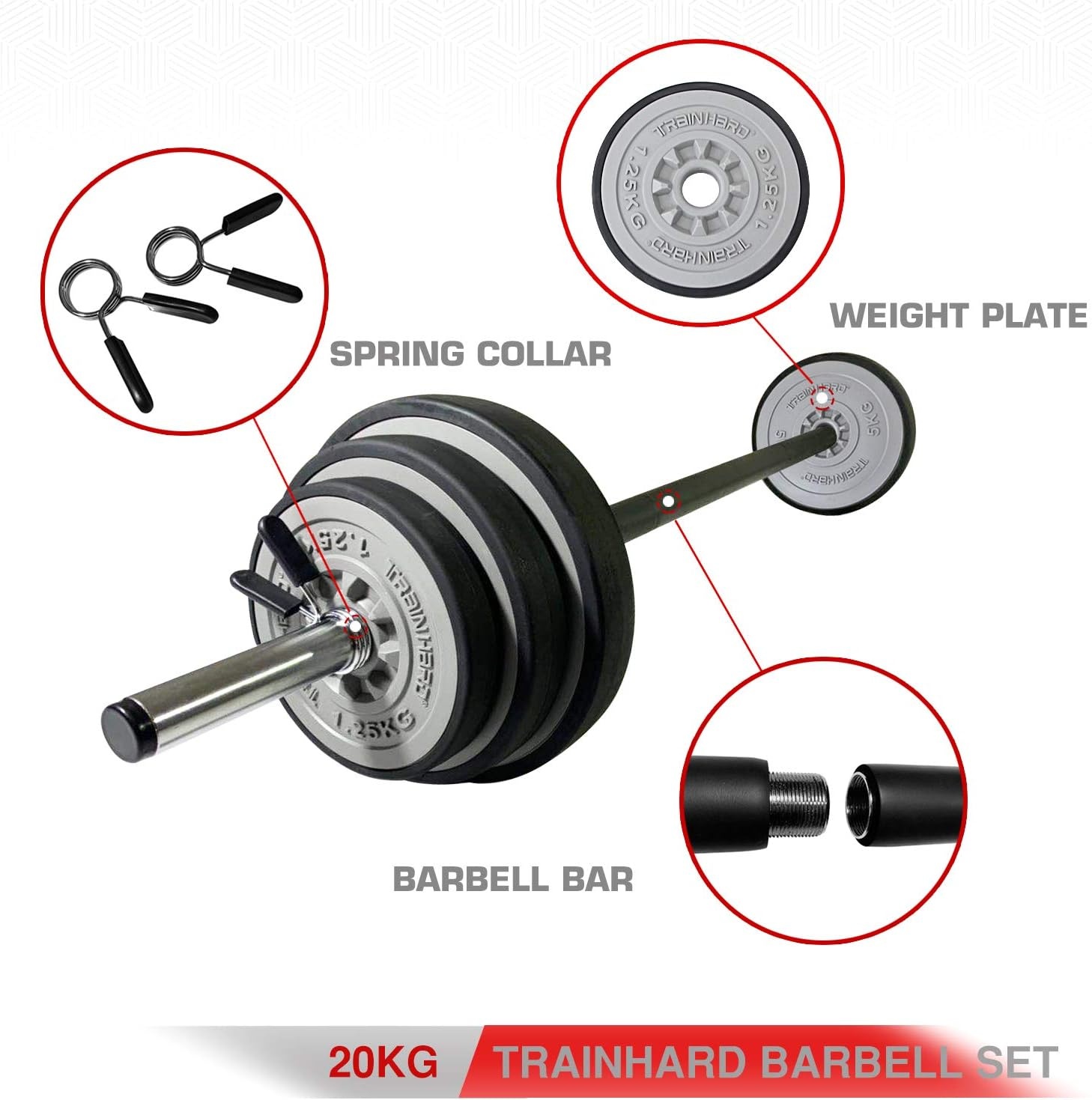 TrainHard 20 kg Dumbbell Set with Spring Locked Bars, Includes 6 Weight Plates, 140 cm Barbell Bars, Weight Lifting, Fitness Strength Training, Neck Protection, Non-Slip and Protective Base