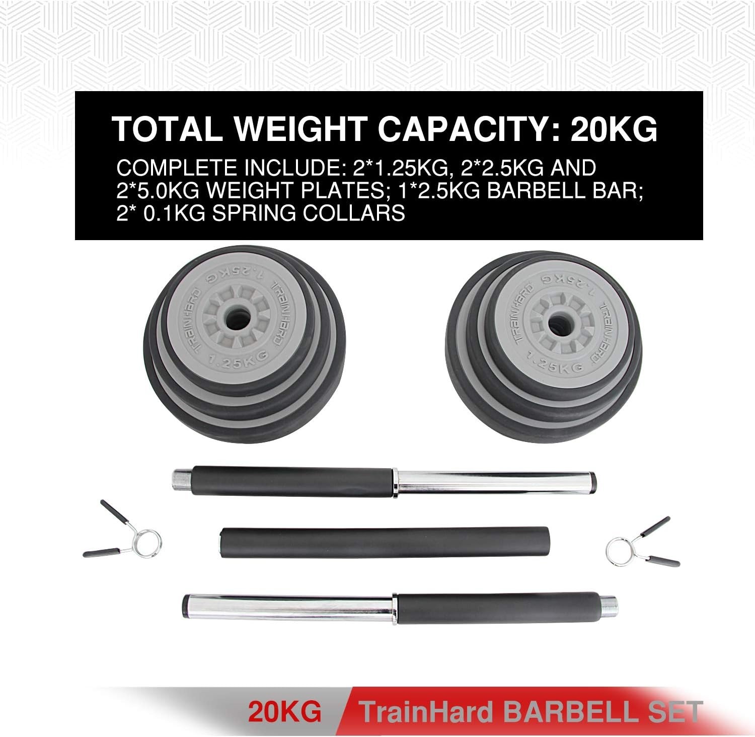 TrainHard 20 kg Dumbbell Set with Spring Locked Bars, Includes 6 Weight Plates, 140 cm Barbell Bars, Weight Lifting, Fitness Strength Training, Neck Protection, Non-Slip and Protective Base