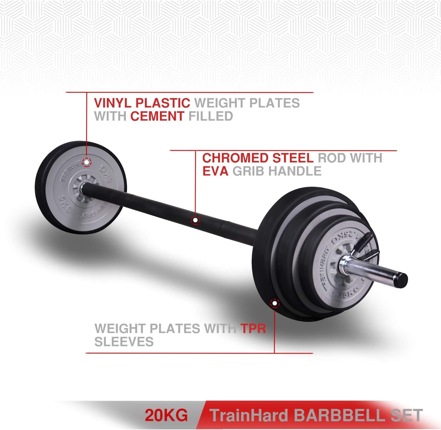 TrainHard 20 kg Dumbbell Set with Spring Locked Bars, Includes 6 Weight Plates, 140 cm Barbell Bars, Weight Lifting, Fitness Strength Training, Neck Protection, Non-Slip and Protective Base