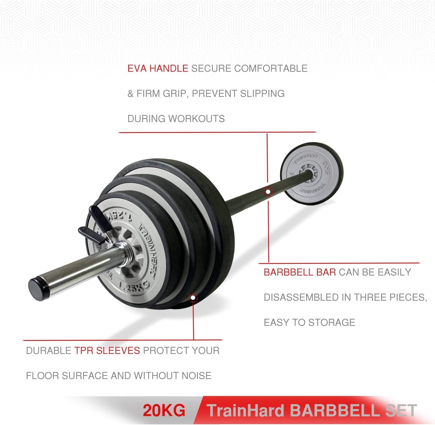 TrainHard 20 kg Dumbbell Set with Spring Locked Bars, Includes 6 Weight Plates, 140 cm Barbell Bars, Weight Lifting, Fitness Strength Training, Neck Protection, Non-Slip and Protective Base