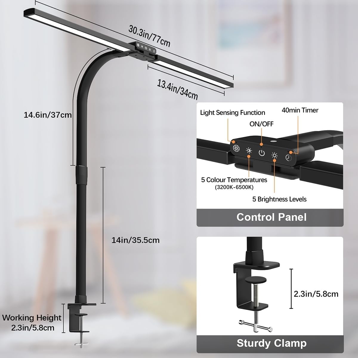 Hapfish Bureaulamp LED met klembalk, 24W superlange dimbare bureaulamp, met lichtsensor, 5 kleurtemperaturen, tafellamp voor kantoor