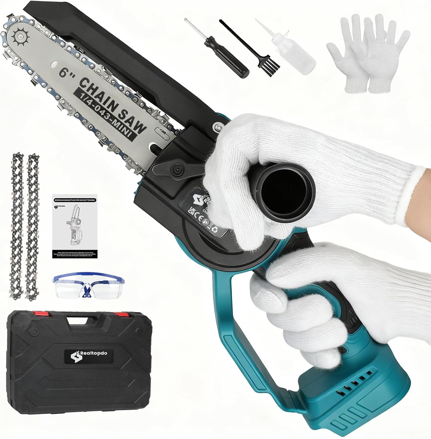 Mini-kettingzaag, compatibel met Makita 18 V accu (zonder accu), 6 inch borstelloze accu-takkenzaag, handkettingzaag met automatische olievoorziening en afneembare zijgreep voor tuinschaar