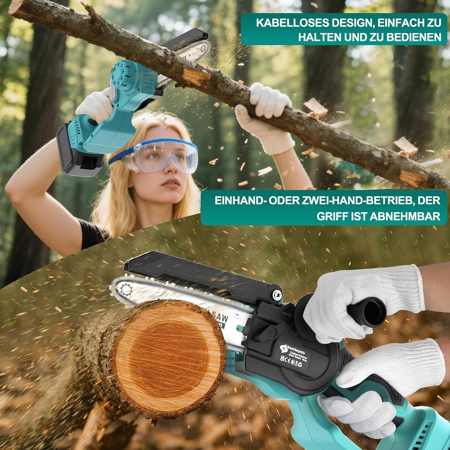 Mini-kettingzaag, compatibel met Makita 18 V accu (zonder accu), 6 inch borstelloze accu-takkenzaag, handkettingzaag met automatische olievoorziening en afneembare zijgreep voor tuinschaar