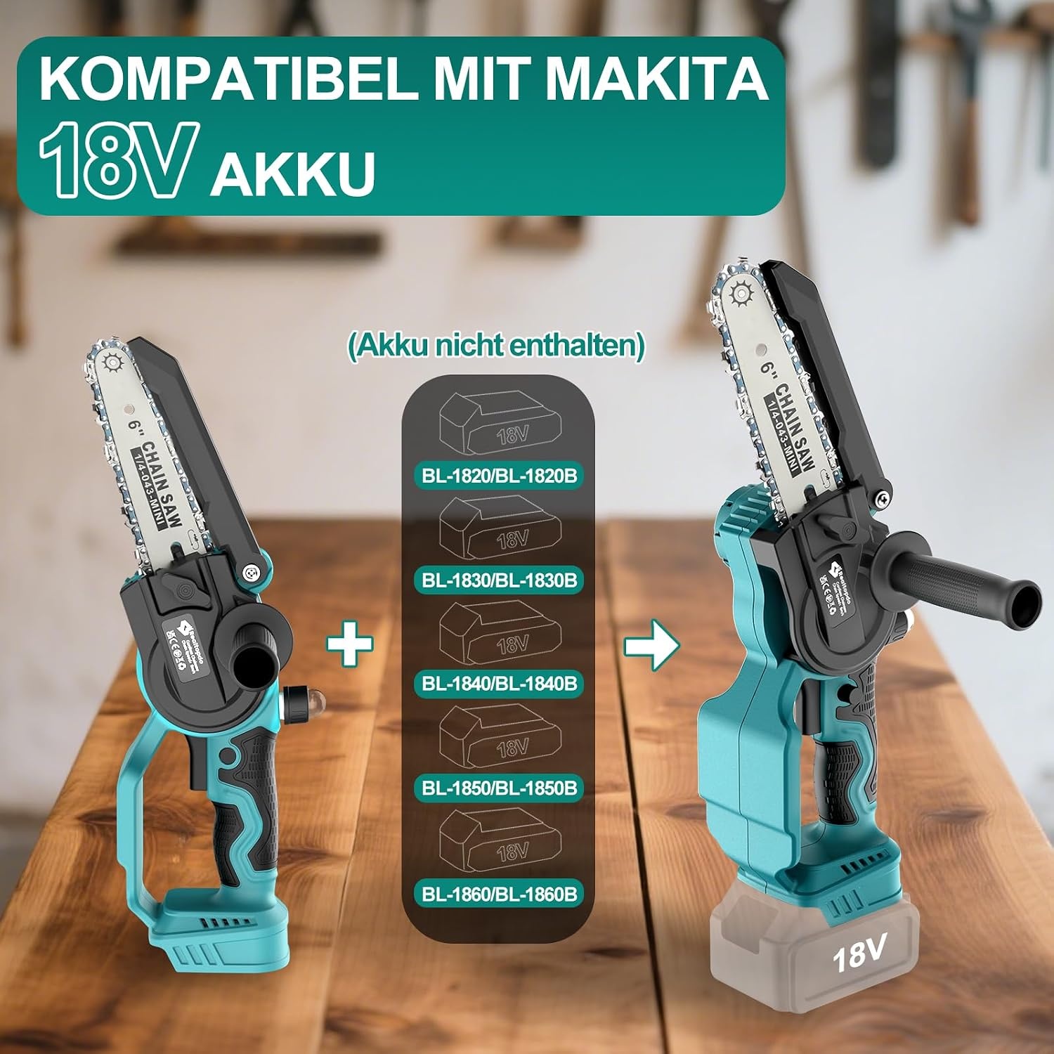 Mini-kettingzaag, compatibel met Makita 18 V accu (zonder accu), 6 inch borstelloze accu-takkenzaag, handkettingzaag met automatische olievoorziening en afneembare zijgreep voor tuinschaar