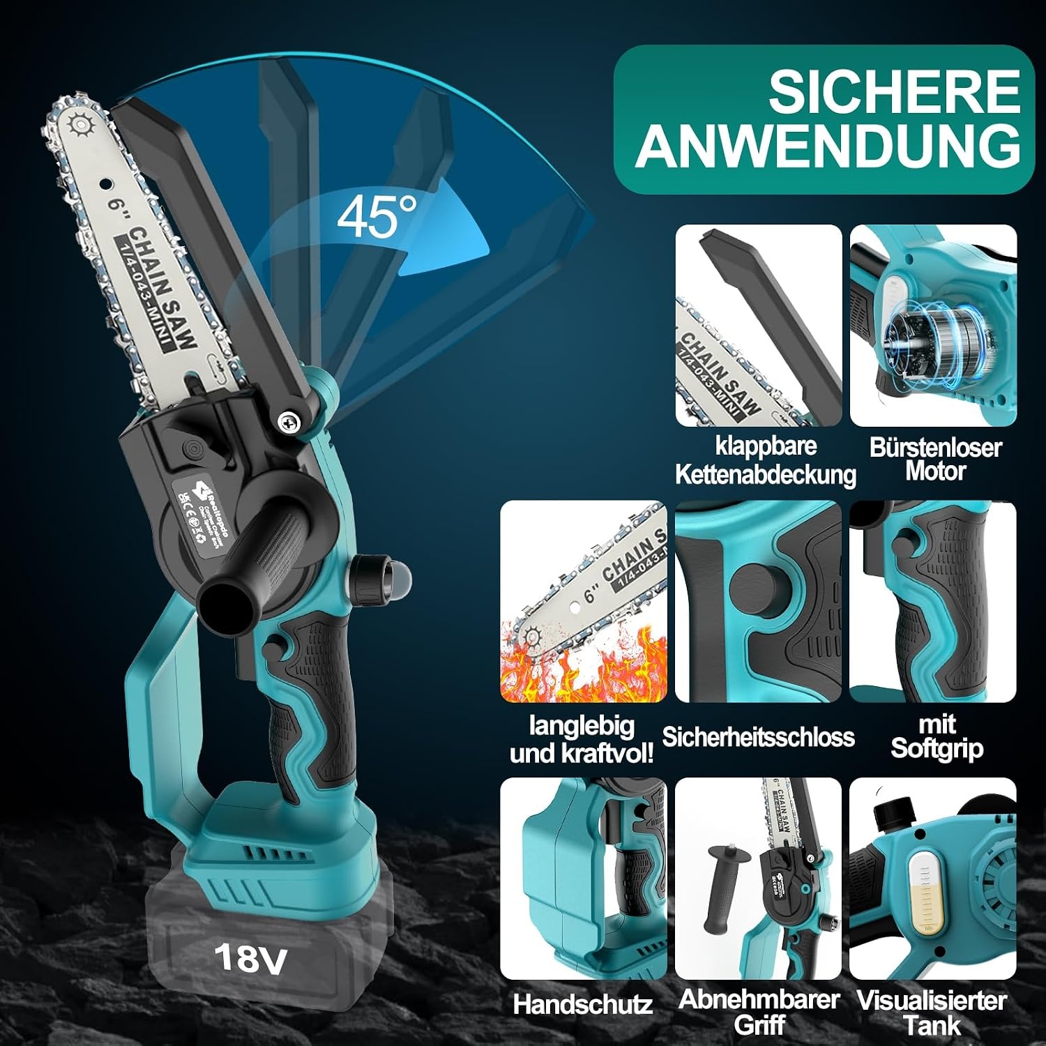 Mini-kettingzaag, compatibel met Makita 18 V accu (zonder accu), 6 inch borstelloze accu-takkenzaag, handkettingzaag met automatische olievoorziening en afneembare zijgreep voor tuinschaar