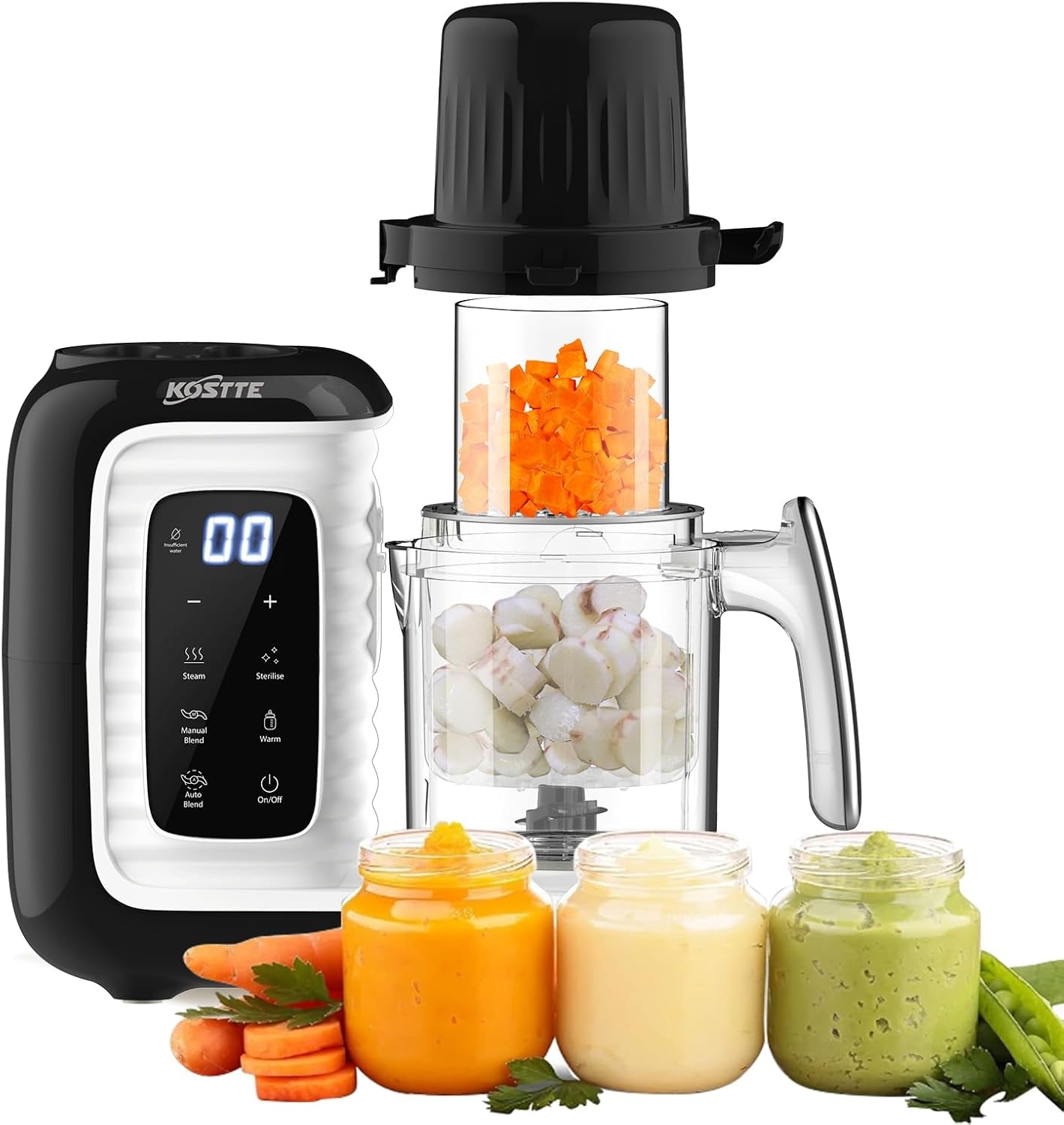 babyvoedingmaker, multifunctionele babykeukenmachine, zacht stomen, grote capaciteit voor baby, mixer en kooktoestel multifunctionele stoompan met slimme bediening, zwart