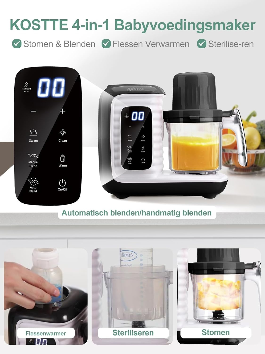 babyvoedingmaker, multifunctionele babykeukenmachine, zacht stomen, grote capaciteit voor baby, mixer en kooktoestel multifunctionele stoompan met slimme bediening, zwart
