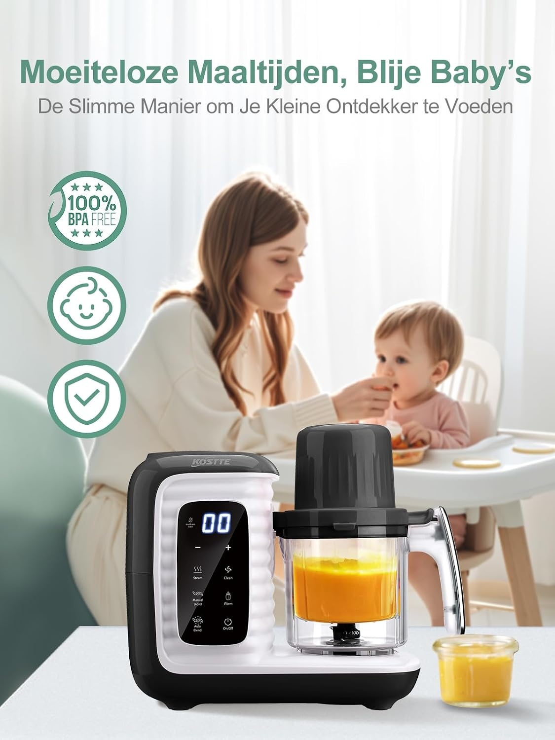 babyvoedingmaker, multifunctionele babykeukenmachine, zacht stomen, grote capaciteit voor baby, mixer en kooktoestel multifunctionele stoompan met slimme bediening, zwart
