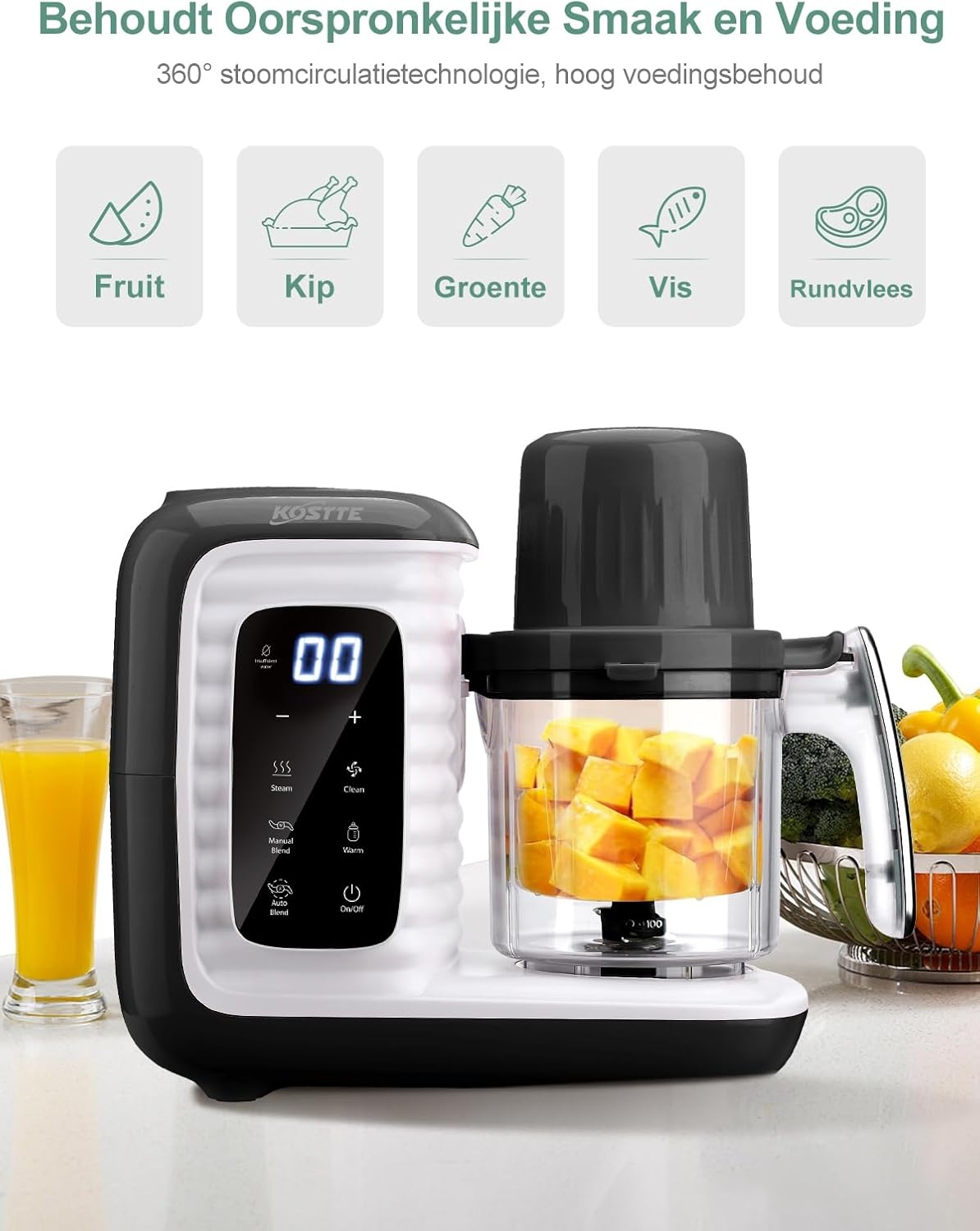 babyvoedingmaker, multifunctionele babykeukenmachine, zacht stomen, grote capaciteit voor baby, mixer en kooktoestel multifunctionele stoompan met slimme bediening, zwart