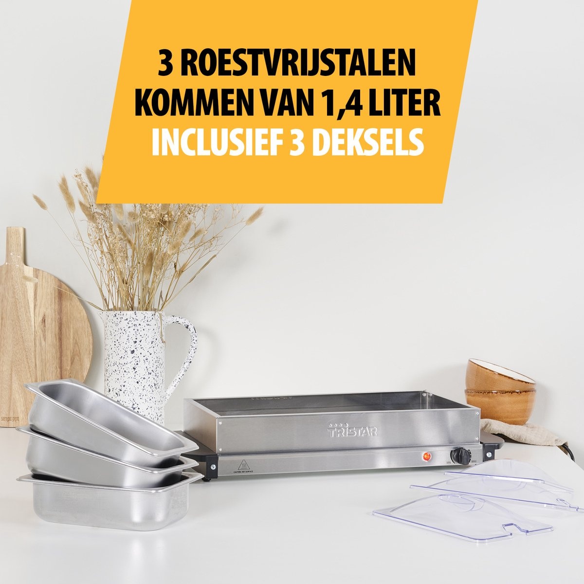 Tristar BP-6283 - Buffetwarmer 200W - Chafing dish - 3 x 1,4 Liter - Incl deksel - RVS
