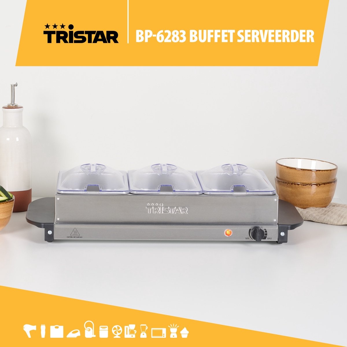Tristar BP-6283 - Buffetwarmer 200W - Chafing dish - 3 x 1,4 Liter - Incl deksel - RVS
