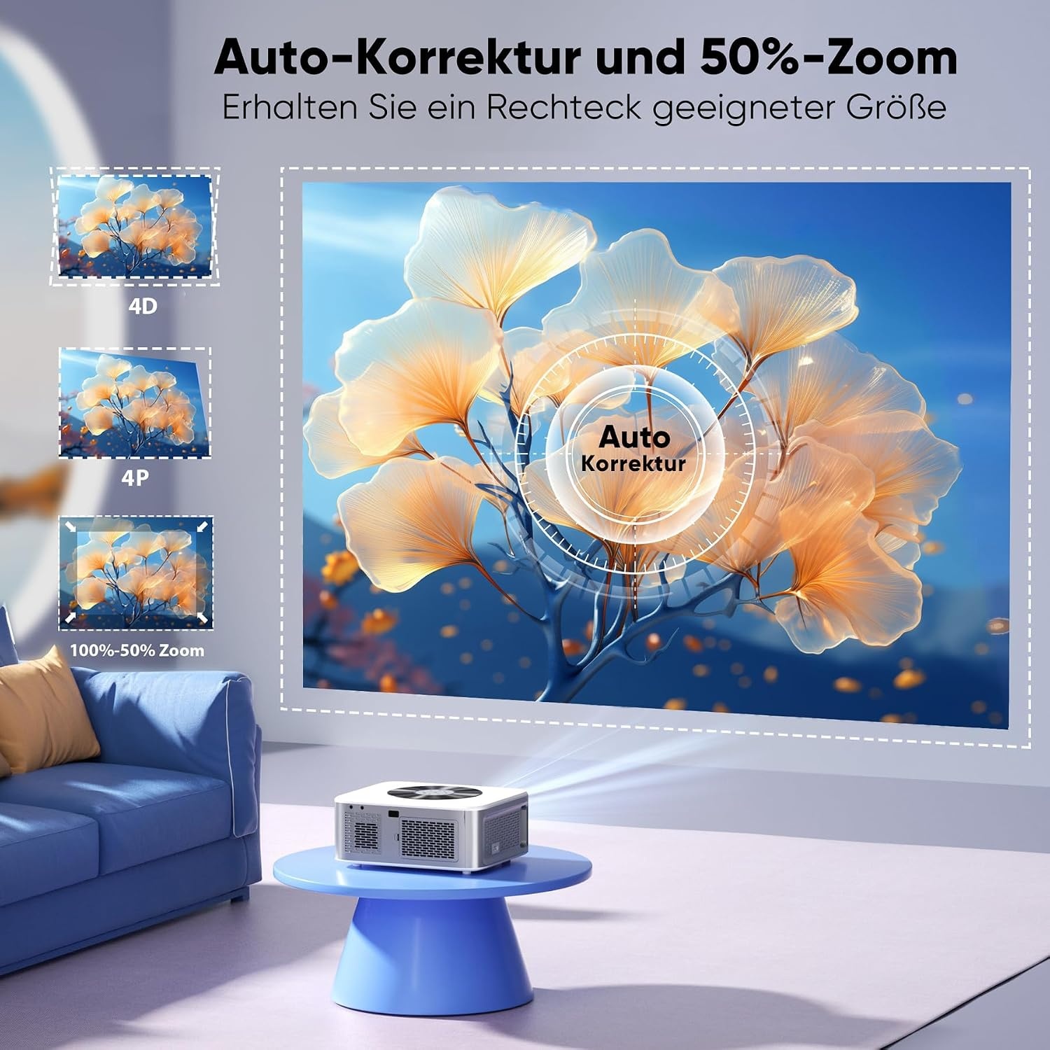 HORLAT Smart 4K Beamer, 28000 Lumen Thuisbioscoop With WiFi 6 Bluetooth for Outdoor, Auto/4P Trapeziumcorrectie, 50% Zoom, Android Projector for Smartphone/TV-Stick
