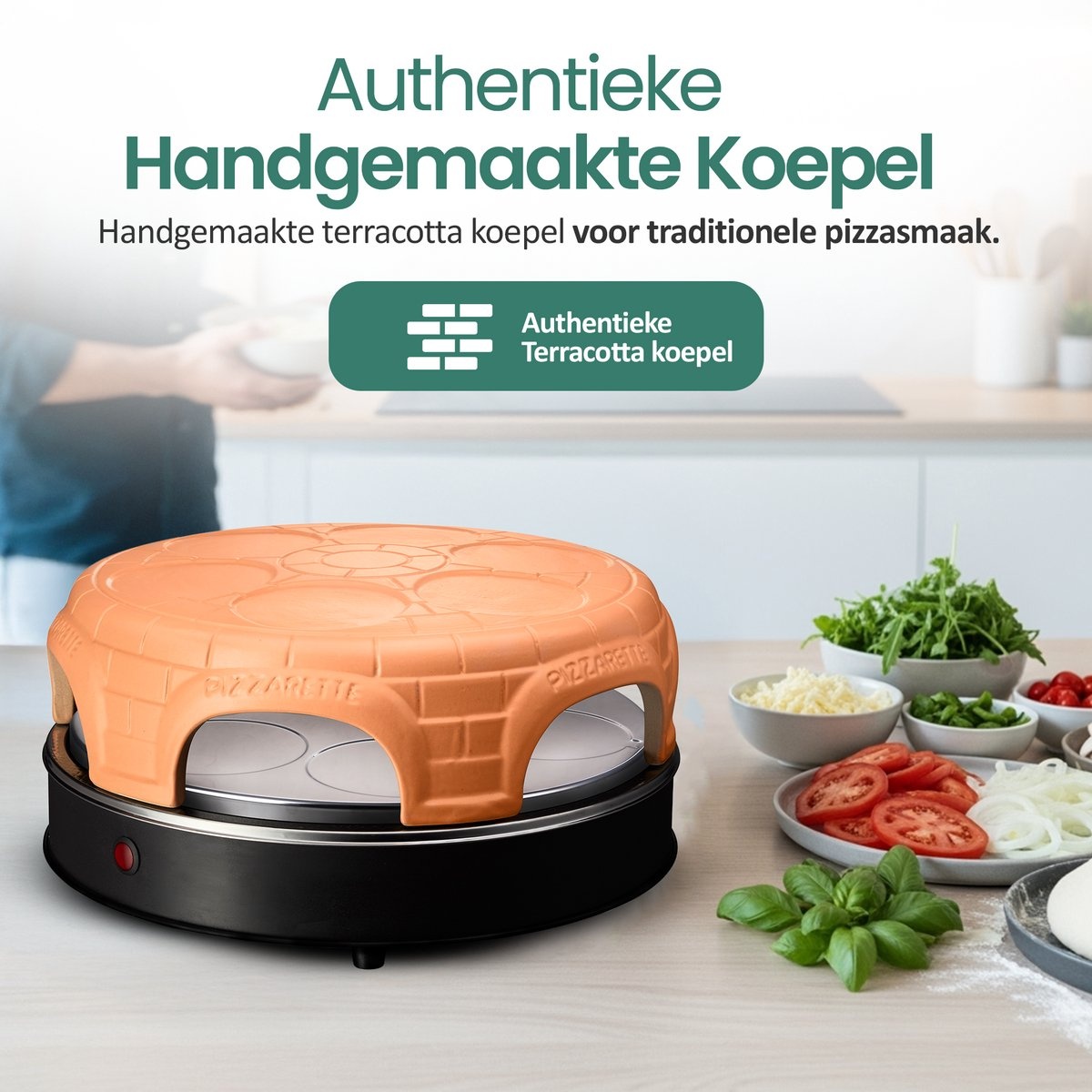 Emerio Pizzarette Origineel - 6 Persoons Pizza Oven - Handgemaakte Terracotta Koepel - 6 Geïsoleerde Bakspatels - RVS Bakplaat - Gourmetstel - PO-115848.1 1500W