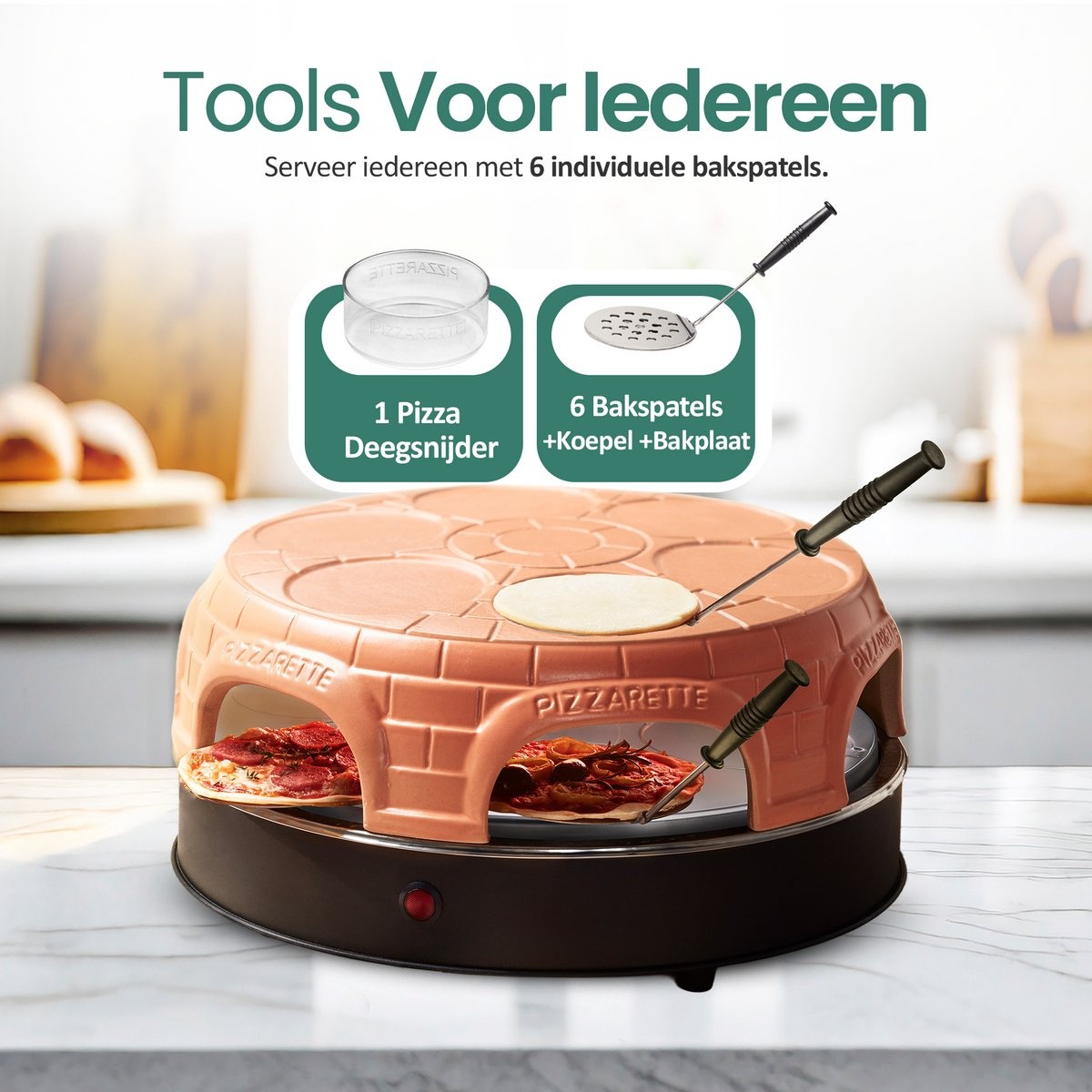 Emerio Pizzarette Origineel - 6 Persoons Pizza Oven - Handgemaakte Terracotta Koepel - 6 Geïsoleerde Bakspatels - RVS Bakplaat - Gourmetstel - PO-115848.1 1500W