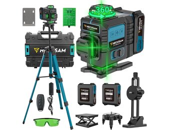 Cross Line Laser with Tripod, 4 x 360° Self-Levelling Laser Spirit Level, Flawless Line Laser with 360° Rotation Window, 30 m ± 0.2 mm/m, with 2 x 4000 mAh Battery, LED Display/App/Remote Control