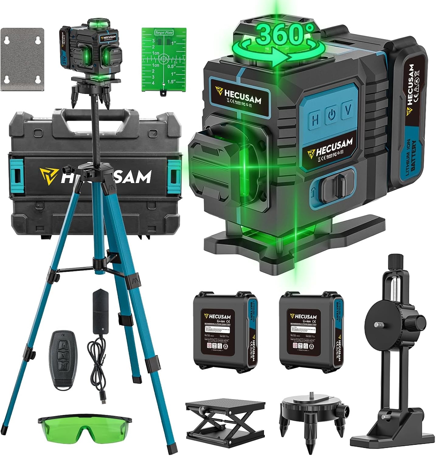 Cross Line Laser with Tripod, 4 x 360° Self-Levelling Laser Spirit Level, Flawless Line Laser with 360° Rotation Window, 30 m ± 0.2 mm/m, with 2 x 4000 mAh Battery, LED Display/App/Remote Control